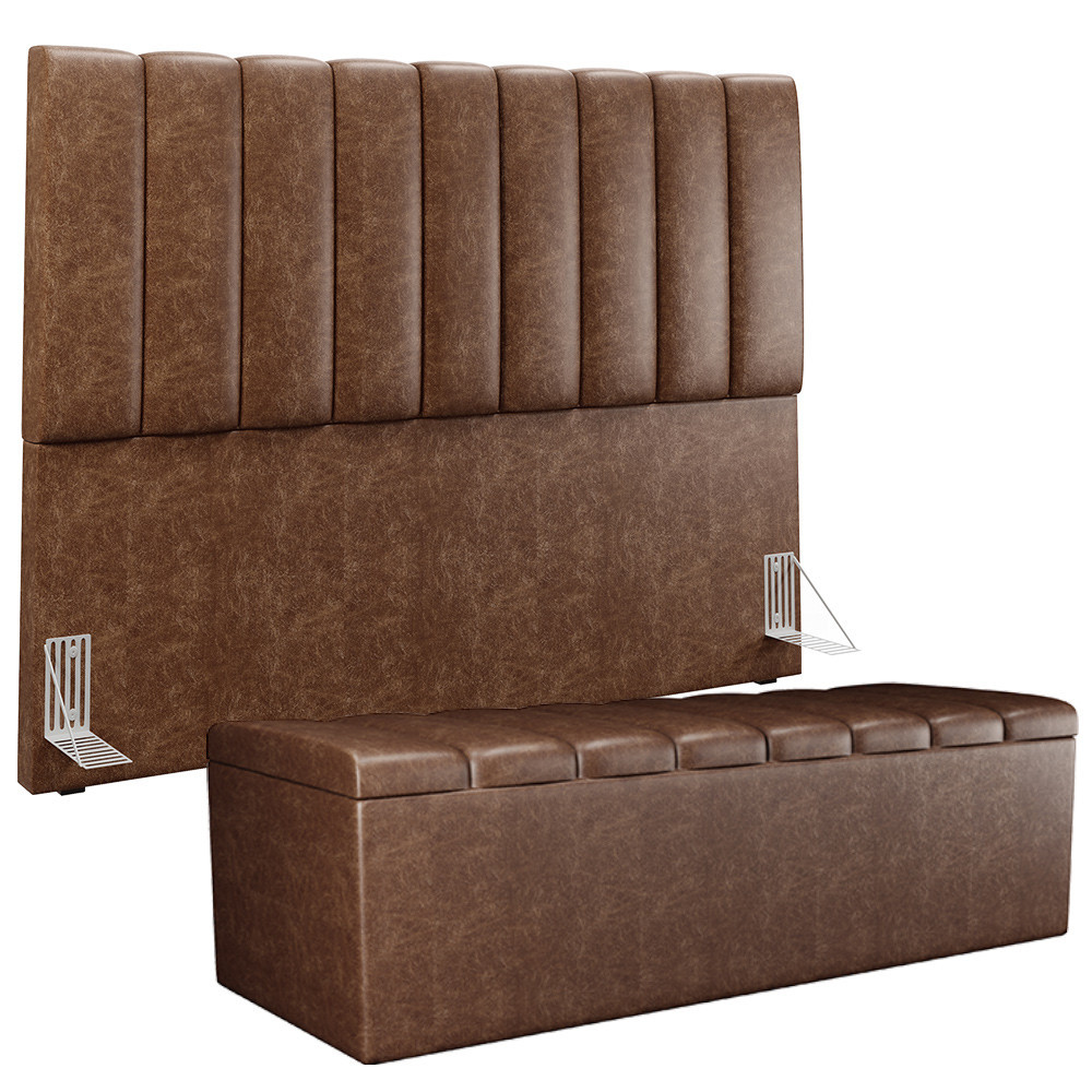Kit Cabeceira Cama Box Queen 160cm Calçadeira Baú Dália W01 Couríssimo Marrom - Lyam Decor