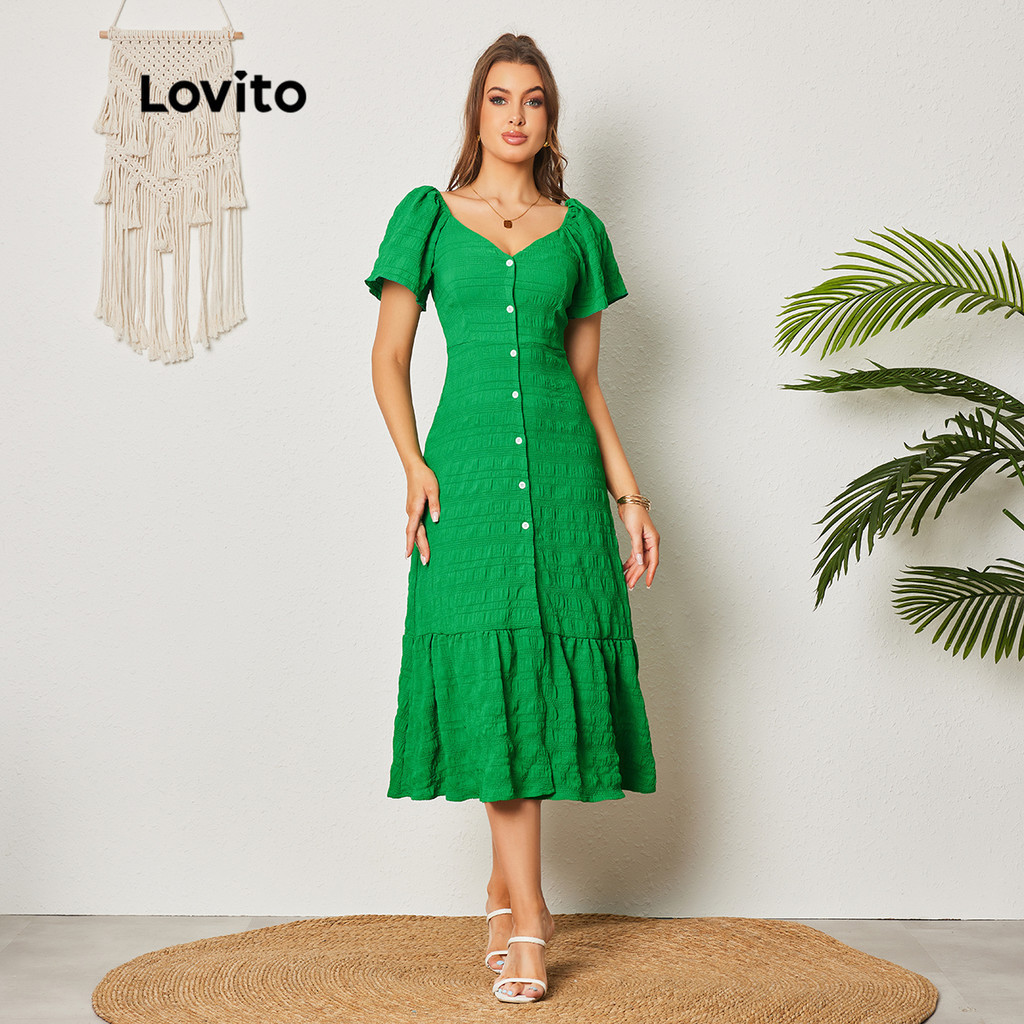 Lovito Casual Vestido Feminino Liso com Bainha de Babados e Botão Frontal LBL08421