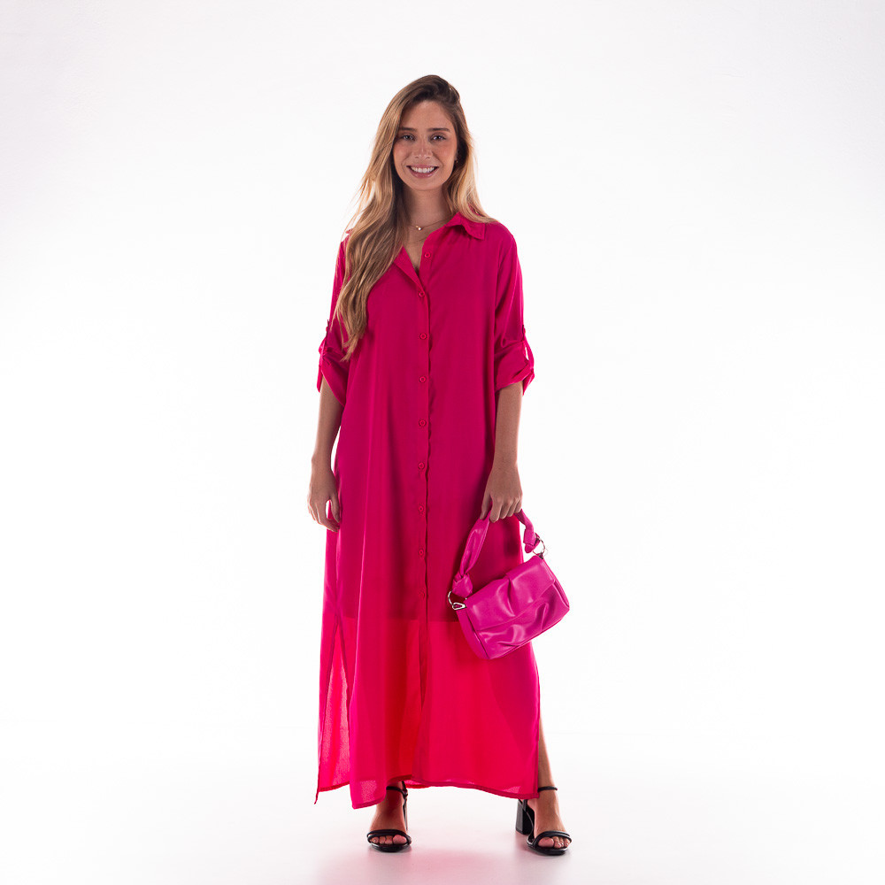 VESTIDO CAMISA CHEMISE LONGA ROBERTA EM CREPE CHIFFON PINK