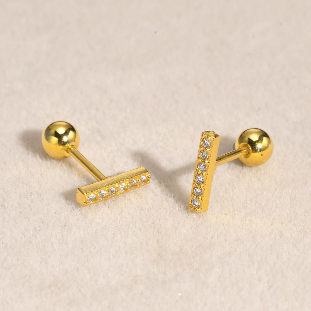 Brincos Vnox Zircon Cubic Strip Stud Para Menina Feminina , 18K Gold Cute Small Stainless Steel Fashion Accessories