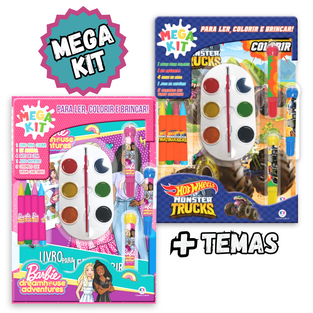 Livro Mega Kit Ler, colorir e brincar Barbie, Hot Wheels, Dinossauro - Vários temas