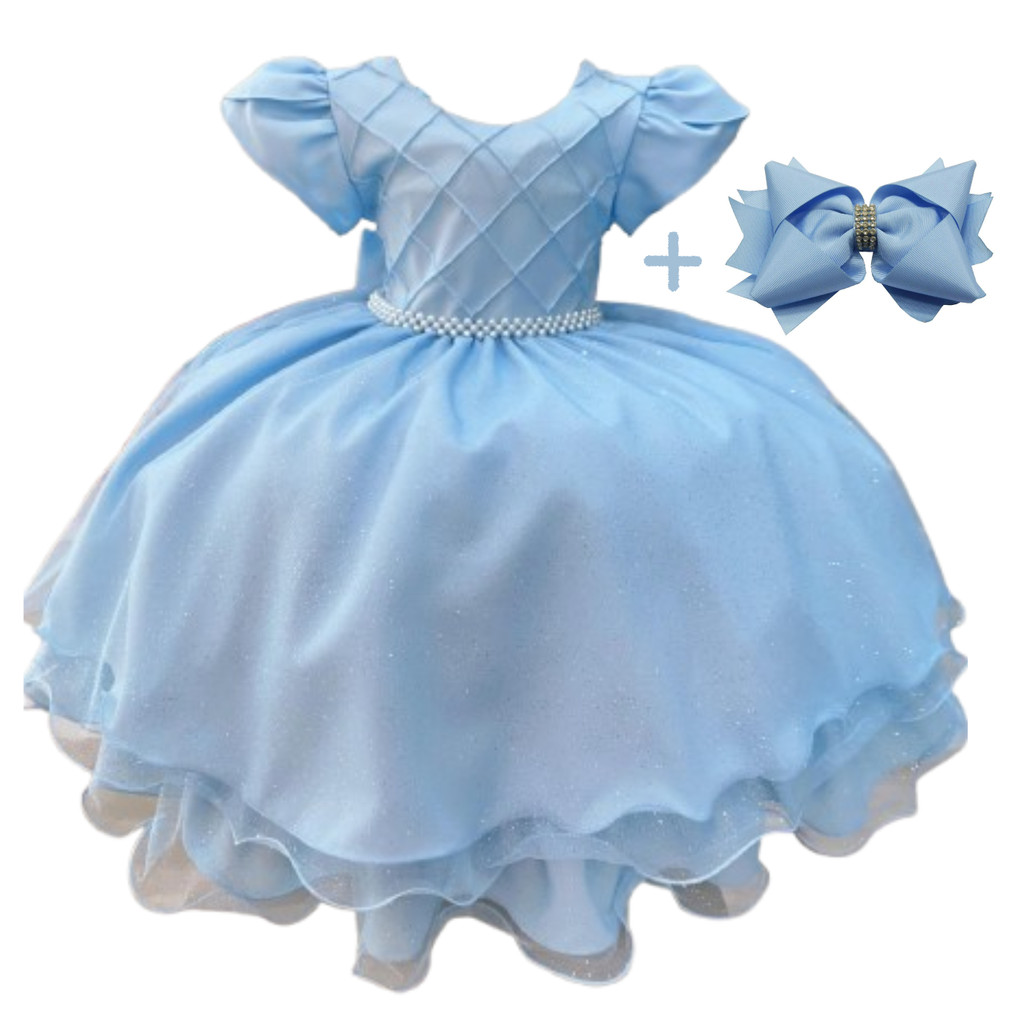 Vestido Azul Serenity Casamento com Laço de Cabelo Aniversário Azul Claro Tamanho 1 ao 12
