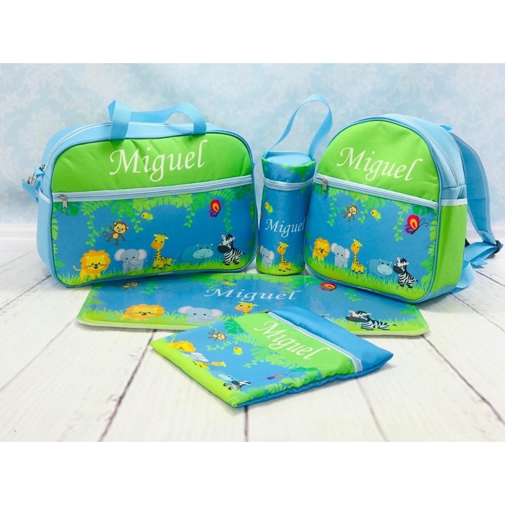 Kit Maternidade com mochila 5 Peças Safari Personalizado com nome do Bebê