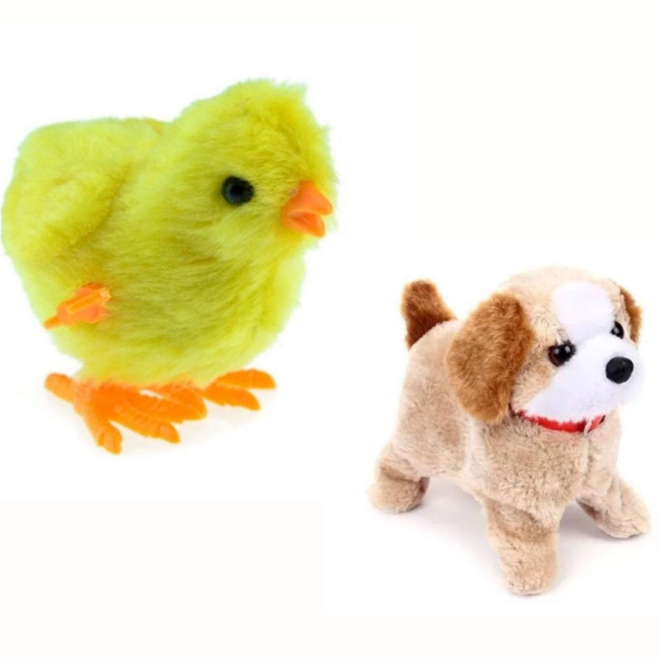 Kit Cachorrinho de Pelúcia Pula Anda Late e que da Cambalhota & Pintinho sortidos de corda