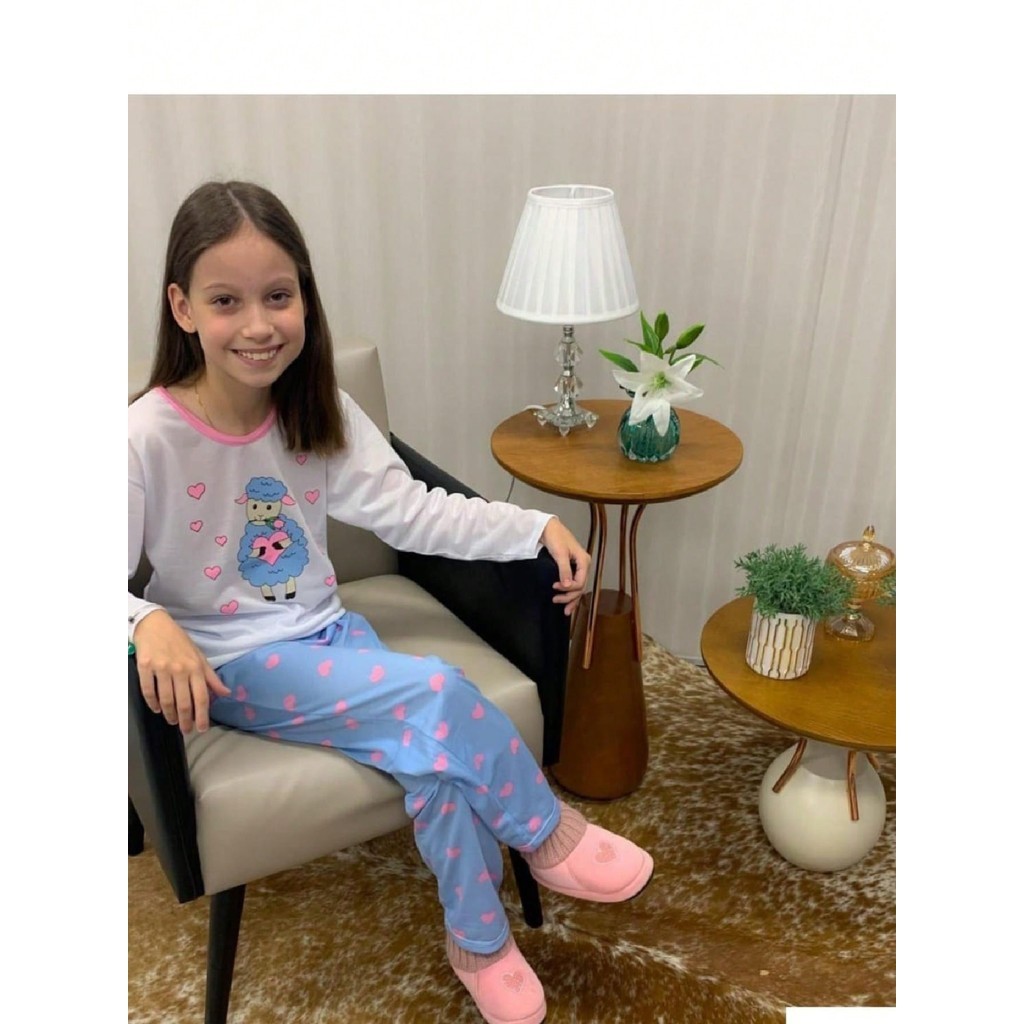 Pijama Juvenil Feminino Estampado Manga Longa Roupa De Dormir Criança Conforto 100% Algodão