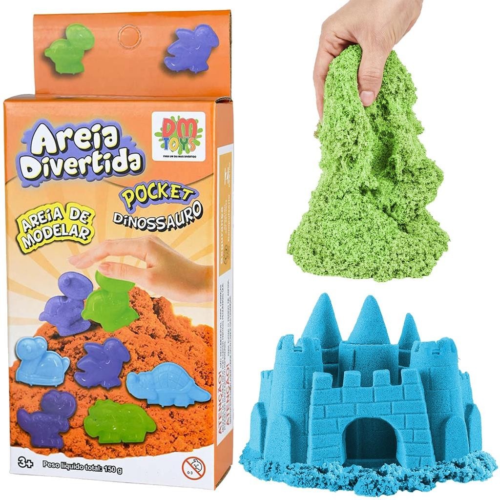 Kit Areia Pocket Dinossauro Brinquedo Sensorial Areia Cinetica De Modelar Com 150G + Moldes De Dino - Dm Toys em Oferta na Shopee