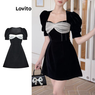 Lovito Casual Vestido Feminino Liso Colorblock com Botão e Malha Contrastante L70AD081 (Preto)