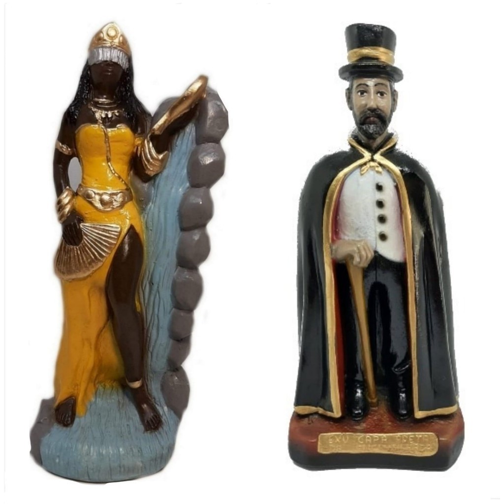 Estatueta Estátua Escultura Exu Capa Preta E Orixá Oxum Candomblé Umbanda Imagem Em Gesso 22cm Congá Altar