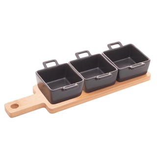 Bandeja e 3 Petisqueiras Quadradas Wolff de Porcelana Preta