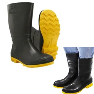 Bota de PVC Preta com Sola Amarela Galocha Impermeável Antiderrapante para Motoqueiros Jardinagem Agronegócio Construção Civil para chuva Motoboy Antiderrapante