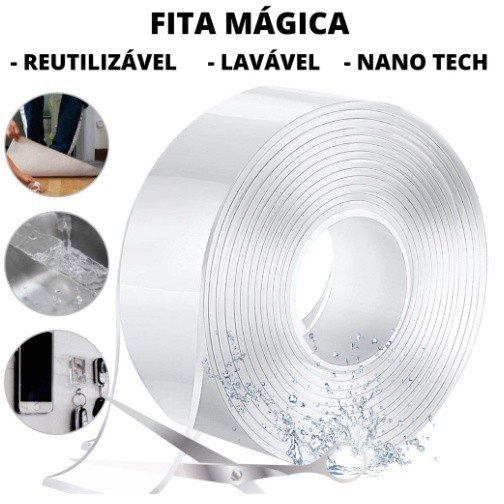 Fita Dupla Face 3m ou 5m Transparente Silicone Mágica Adesiva Cola na Parede Móvel Porta