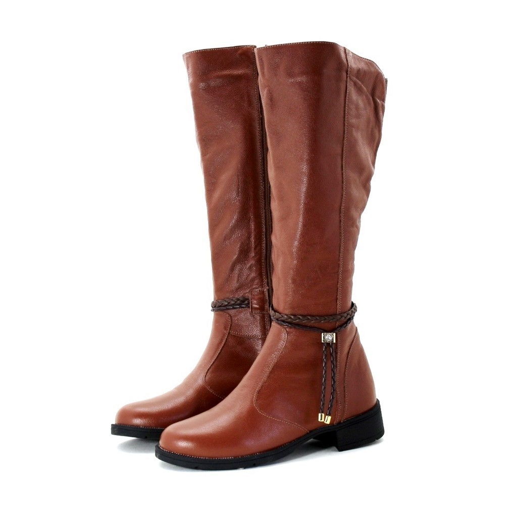 Bota Feminina Montaria Cano Longo Sola Baixa Rasteira Em Couro Legítimo Lirom Marrom