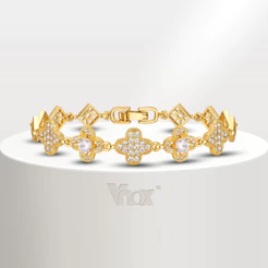 Vnox White Zircon Cubic Clover Bracelet Link Para Menina Feminina , 18K Gold Non-Tarnish Festa De Casamento Bnalge Gift Jewelry