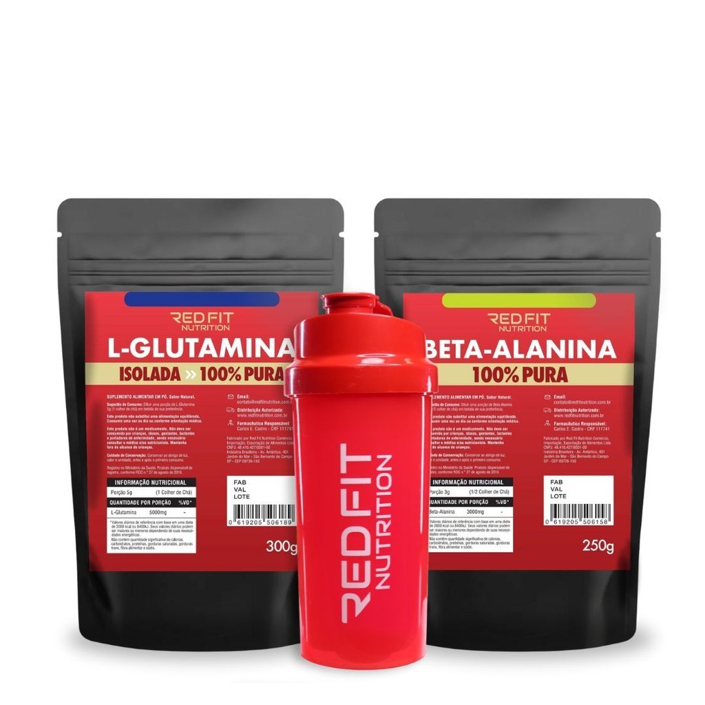 Kit Suplemento em pó Red Fit Nutrition Importado Puro L-Glutamina 300g Beta-Alanina Pré Treino 250g