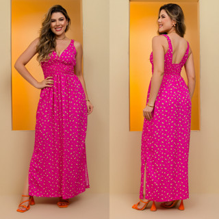 Vestido Longo Feminino Viscolinho Decote V Alça de Elástico