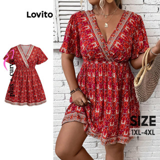 Lovito Vestido Feminino Plus Size Curve Boho Tribal Print Wrap LBL08452