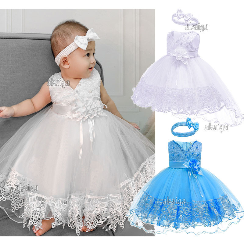 Vestido De Bebê Para Meninas 0 6 Meses Princesa Sem Mangas Renda Branca Batizado Baby Gown Headband 1 Ano De Idade Aniversário Toddler Festa De Casamento Formal