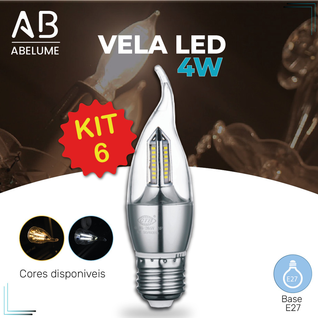 Kit 6 Lâmpada Vela LED para Lustre formato de fogo 4W Bico Torto E27 Modelo Moderno Branco Frio ou Branco Quente| Bivolt em Oferta na Shopee