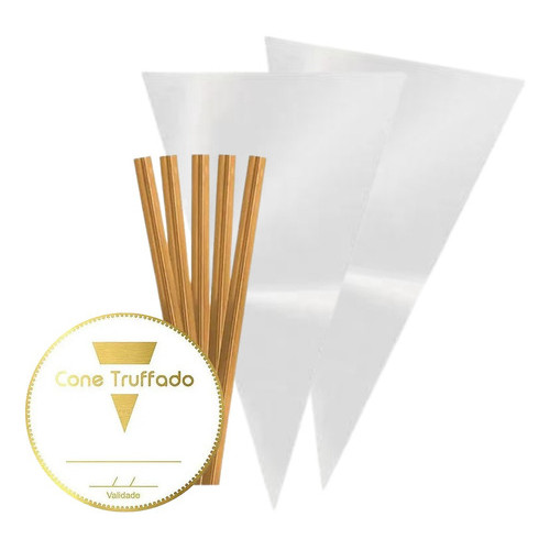 Saco Plástico Incolor Cone 14x23cm + Etiqueta e Fecho Dourado