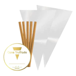 Saco Plástico Incolor Cone 14x23cm + Etiqueta e Fecho Dourado