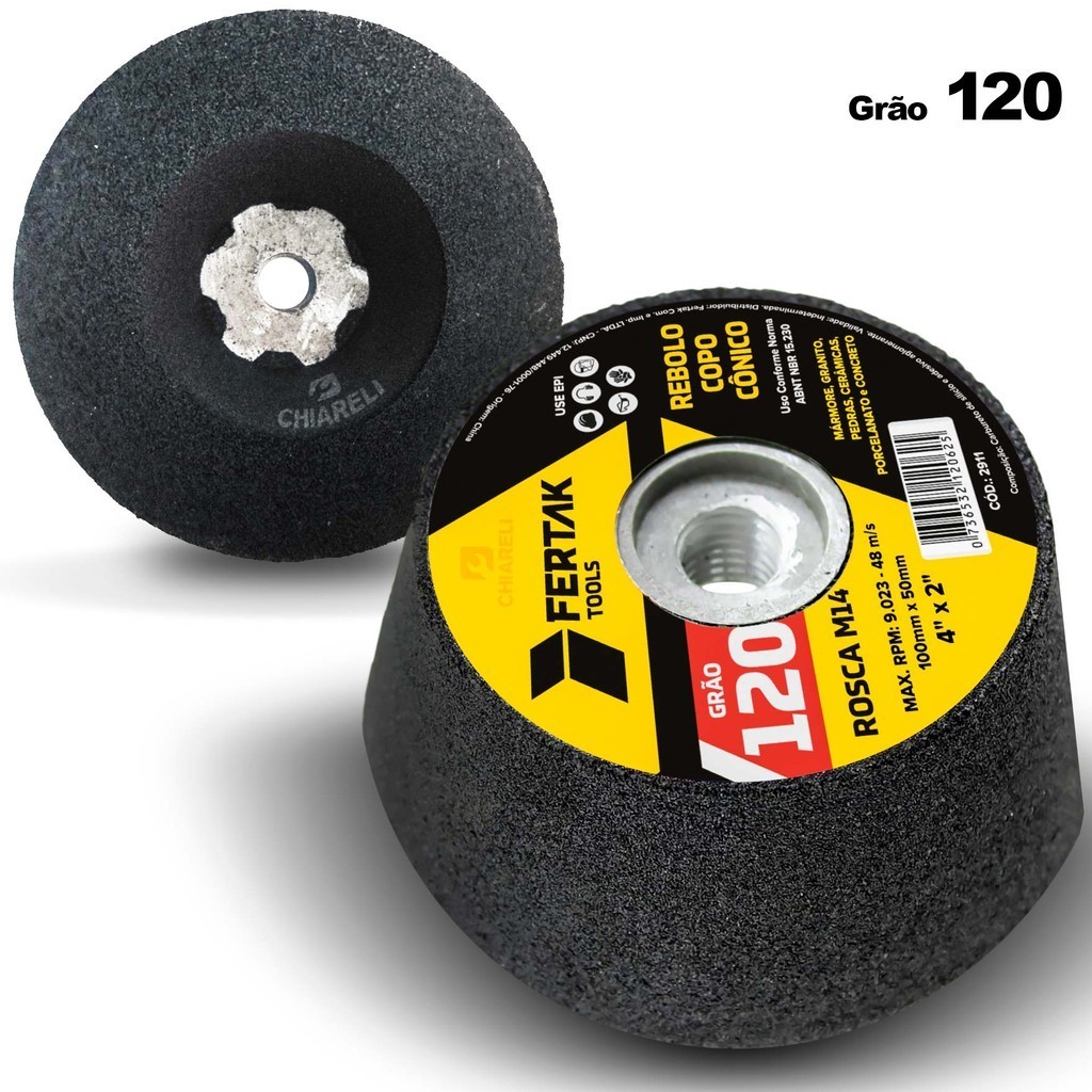 Rebolo Copo Cônico FERTAK TOOLS Grão 120 4x2" Rosca M14 Porcelanato Granito