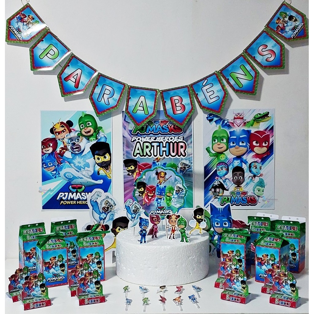 Festa só um bolinho PJ Masks Power Heroe Envio montado e colado com nome e idade Pronto para uso