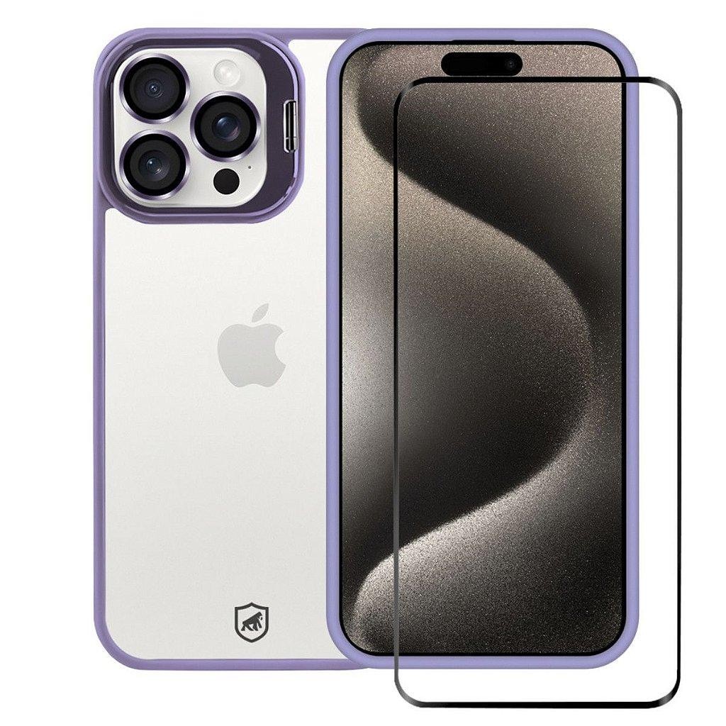 Kit Capa case capinha com protetor de lente Gravity Lilás e Película Ultra Glass para iPhone 15 Pro Max - Gshield