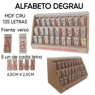 Alfabeto Móvel Degrau Educando  MDF Brinquedo Educativo Pedagógico 135 peças (5 Alfabetos Completos)