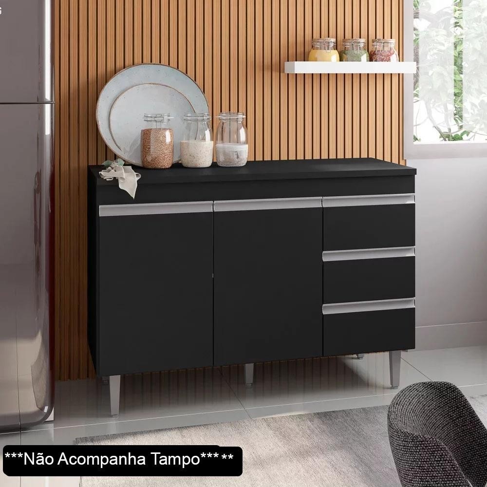Balcão Gabinete Para Pia 120cm sem Tampo 2 Portas 3 Gavetas  Andréia Preto Total - AJL Móveis em Oferta na Shopee