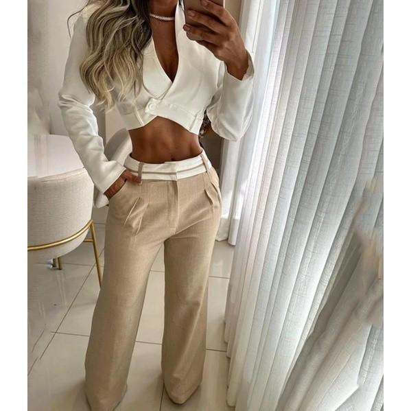 Conjunto De Calças Sexy De Cintura Longa Com Decote Em V Exposto Na Alta E Perna Reta