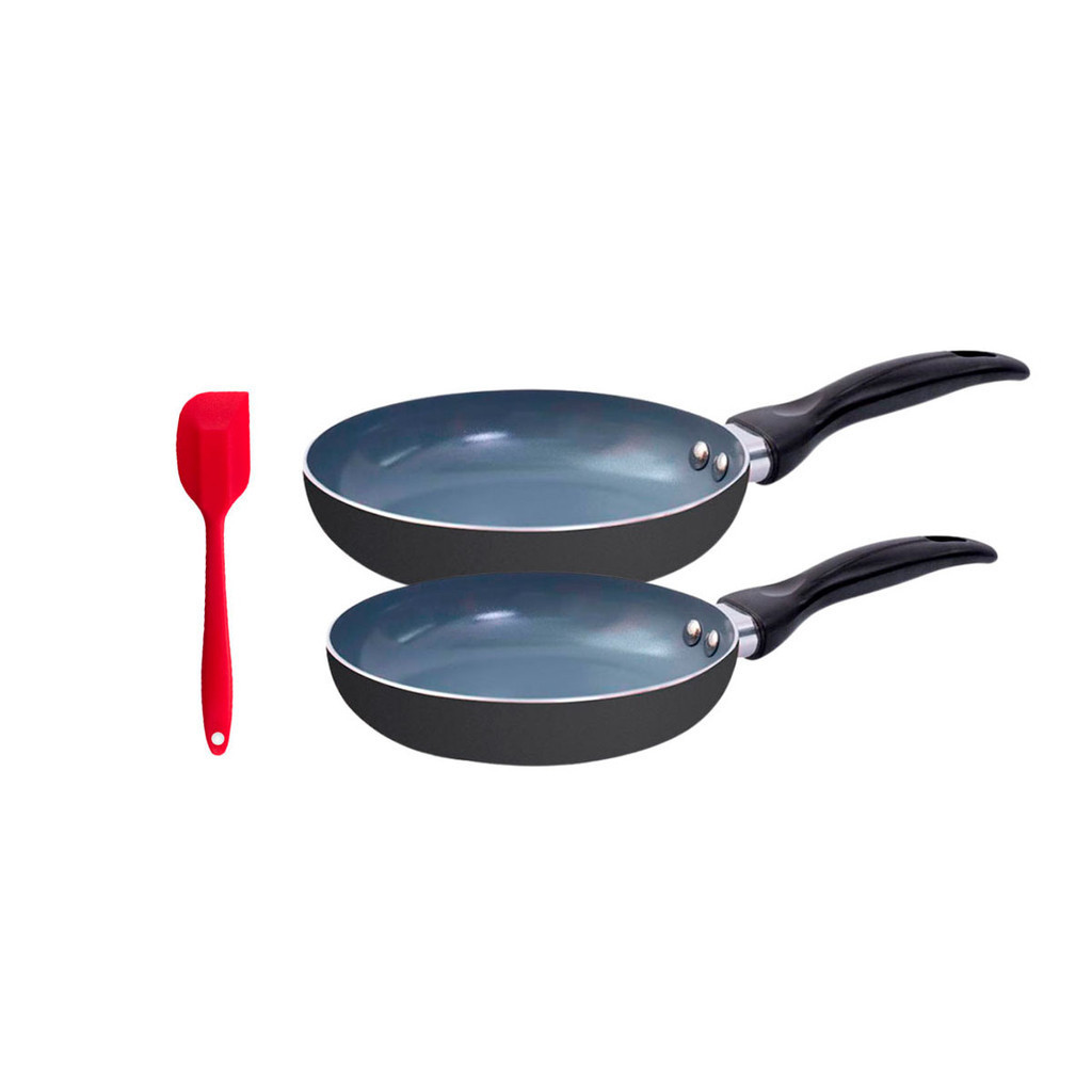 jogo de frigideiras 2 pçs antiaderentes cerâmica e alumínio e espátula de silicone - oikos em Oferta na Shopee