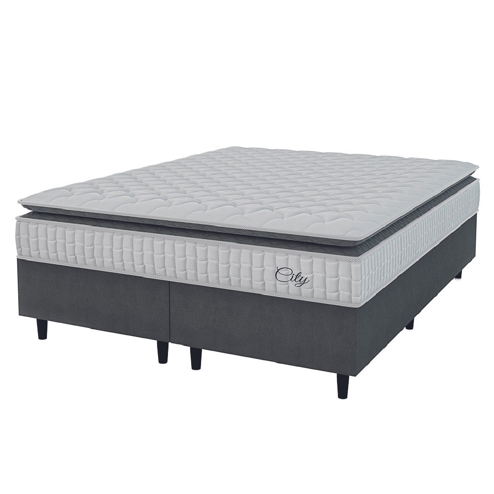 Cama Box Colchão Casal Queen Molas Ensacadas City Pillow Top 158x198x61cm Hellen Branco / Cinza em Oferta na Shopee