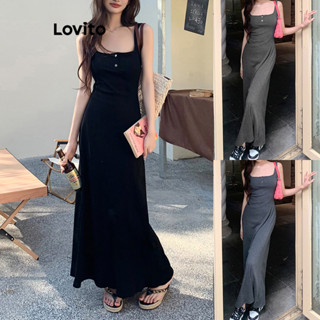 Lovito Vestido Casual Simples Com Botões Para Mulheres LNE34005 (Cinza Escuro/Preto)