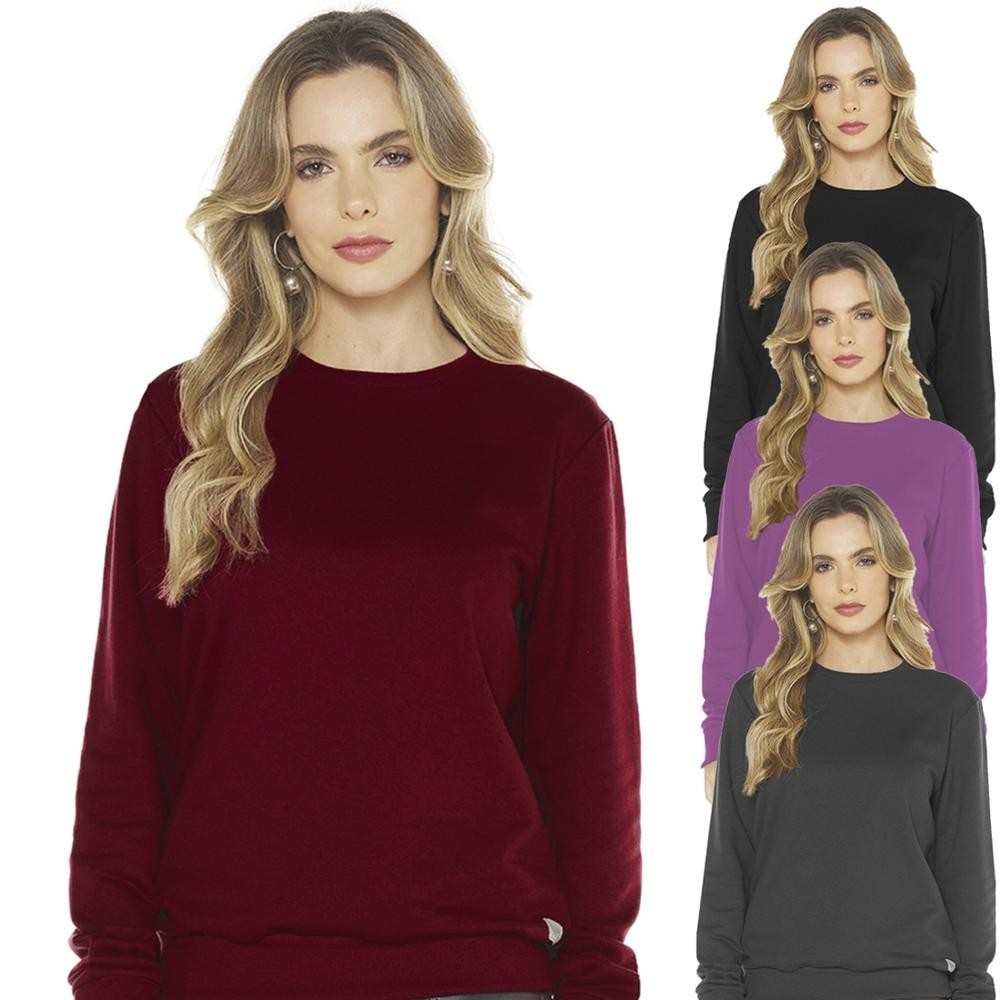 Blusa Moletom Feminino Flanelado Fechado Básico Liso Casual Preto Cinza Roxo Vinho Bordô