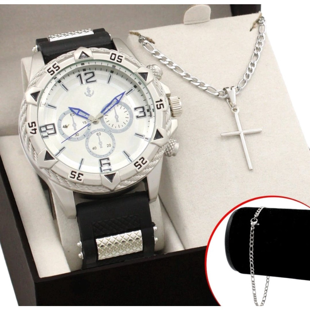PROMOÇÃO - Conjunto Relógio Masculino Original + Colar Corrente Pingente Cruz e Pulseira Dourado