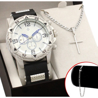 PROMOÇÃO - Conjunto Relógio Masculino Original + Colar Corrente Pingente Cruz e Pulseira Dourado