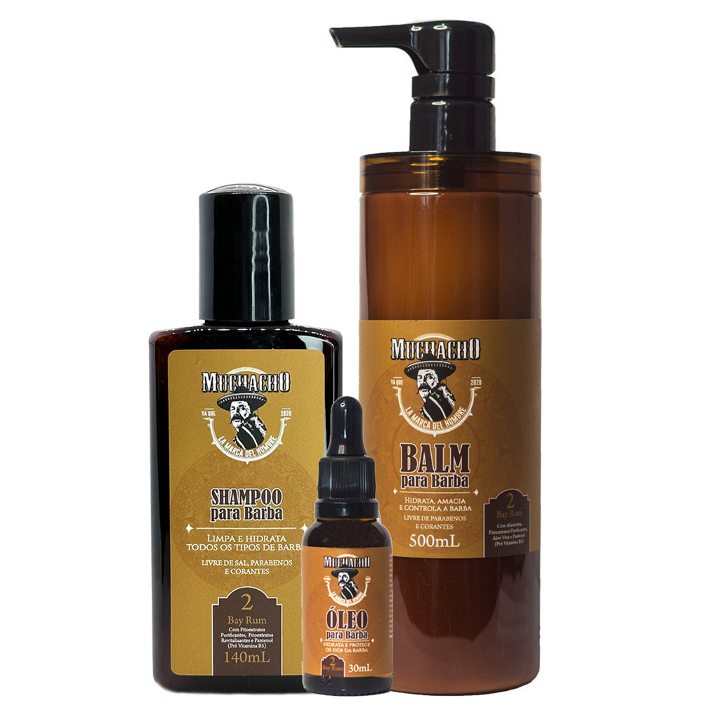 Kit Shampoo para Barba, Balm para Barba de 500g e Óleo para Barba - Muchacho Bay Rum