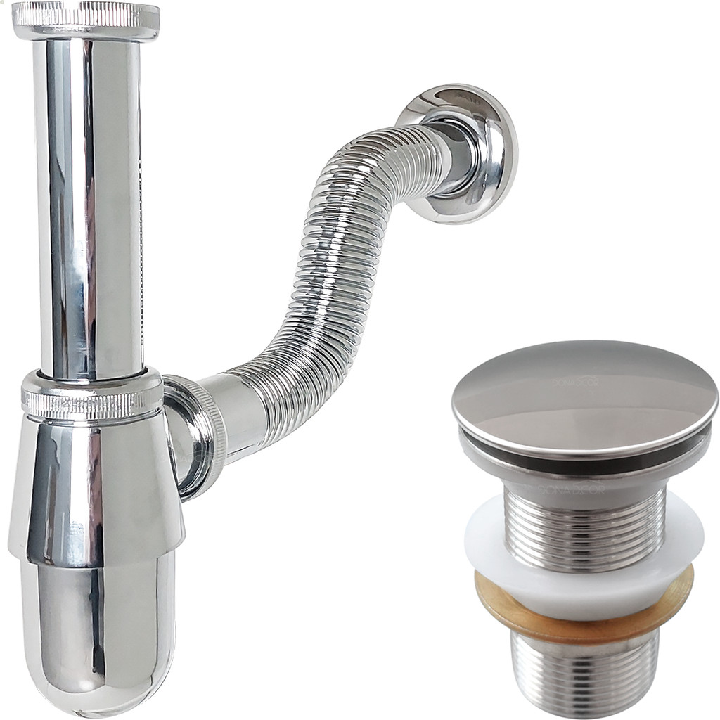 Sifão Copo Metal Flexível Cromado 1 1/4 E Valvula Click Inox 40mm Ralo Pia Banheiro Cuba Lavatório