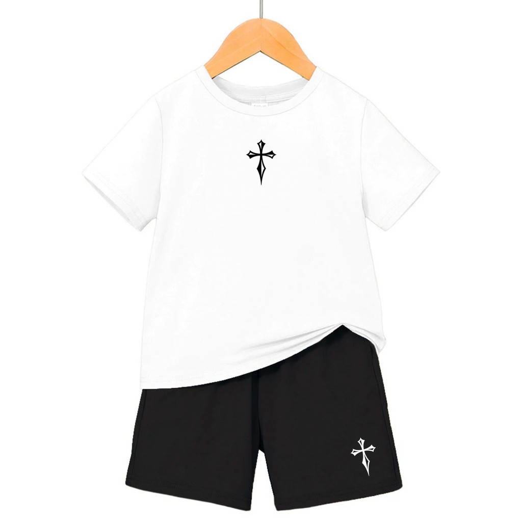 Conjunto Infantil Camiseta e Short Bermuda Moletom Infantil Juvenil Cruz Religiao Casual Algodão