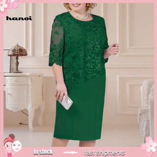 Fake Two Pieces Dress Plus Size Embroidered Floral Wedding Party for Women O-neck Half Sleeve Lace Patchwork