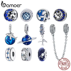 Bamoer 925 Sterling Silver Universe Series Star & Moon Beads Blue Planet Pendant Charmes Para Mulheres Pulseira De Bricolage Jóias Finas Presente