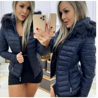 Jaqueta Feminina Bobojaco Nylon Puffer com capuz removível .Jaqueta Forrada Peluciada capuz