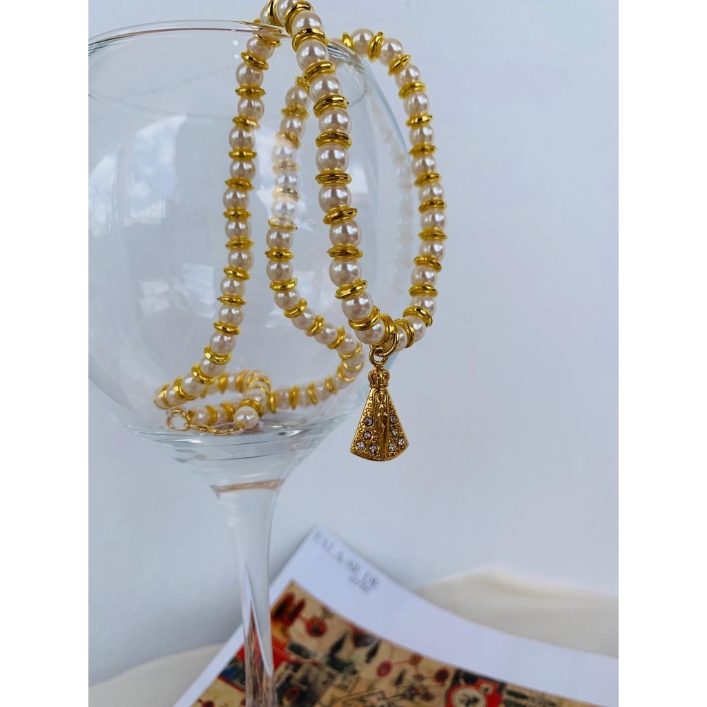 Colares religiosos colar de pérolas Nossa Senhora em ouro