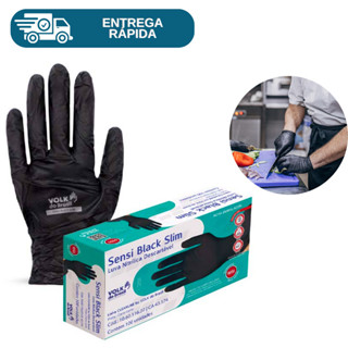 Luva Procedimento Nitrílica Preta Descartável Sem Pó Amido Sensi Black Slim Volk Caixa Com 100 Unidades