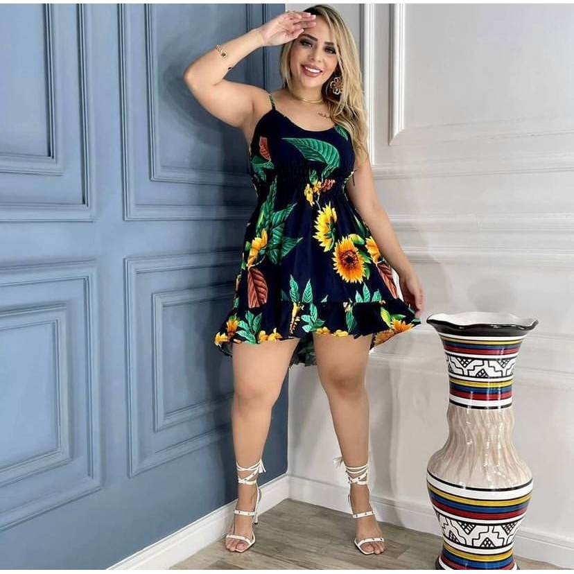 Vestido Alcinha Estampado Curto com Lastex Elastec Na Cintura Mullet Babado Soltinho Rodado