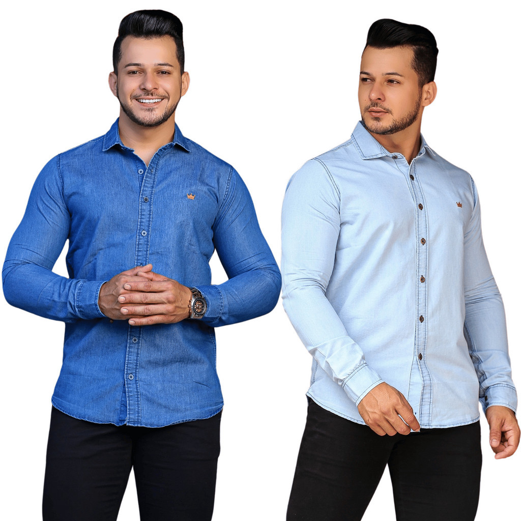 Kit 2 Camisa Jeans Masculina Manga Longa Slim Fit Social Moda Masculina Premium