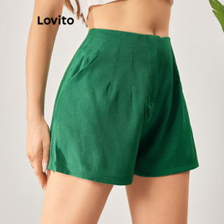 Lovito Elegante Short Básico Plissado com Bolsos para Mulheres LBL06162 (Verde/Preto)
