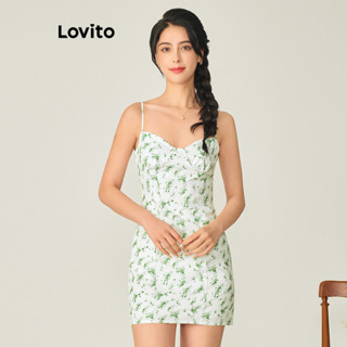Lovito Boho Vestido Feminino Floral Evasê de Cetim L71ED180 (Branco)