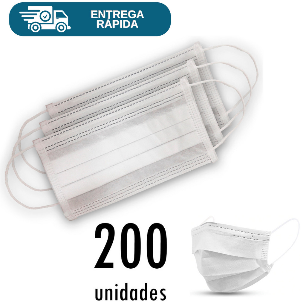 Kit 200 Mascara Descartavel Em TNT Branca Tripla Camada Com Clips Nasal Proteção Hospital Enfermeiro