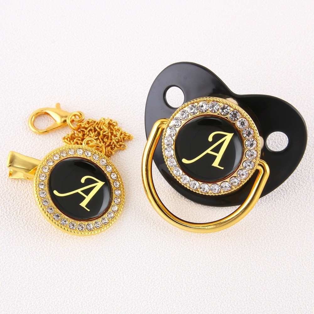 Luxo Black Bling Baby Pacifier And Clip Infant Gold Original 26 Nome Inicial Ducha De Presente em Oferta na Shopee